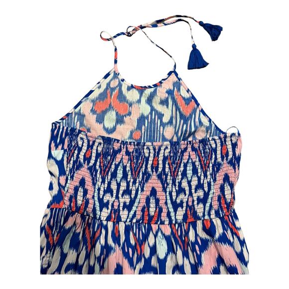 Crown & Ivy Cotton Halter Neck blue pink Maxi Dress open smocked back size L - Picture 9 of 13